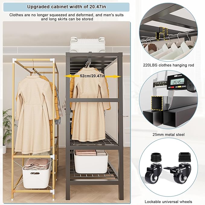 FPIGSHS Heavy Duty Clothes Rack with Cover 2000LBS Foldable Portable Wardrobe Closet for Hanging Clothing Rolling Garment Rack on Wheels for Bedroom Closet System (D(Gauze Curtain Cover, 49.2in)