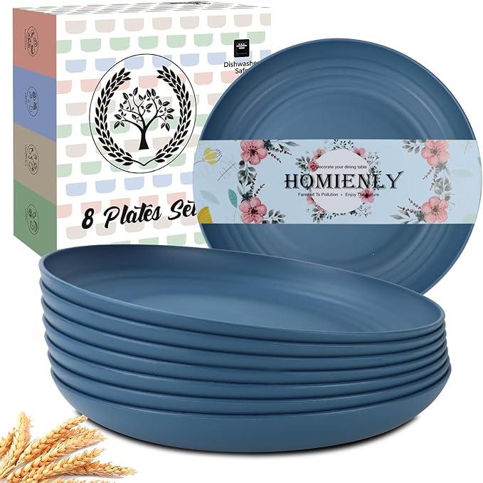 Homienly Dinner Plates Set - Alternative to Plastic, Wheat Straw - Set of 8, Lightweight, Microwave & Dishwasher Safe, Unbreakable Salad Plates (Blue, 10 inch)