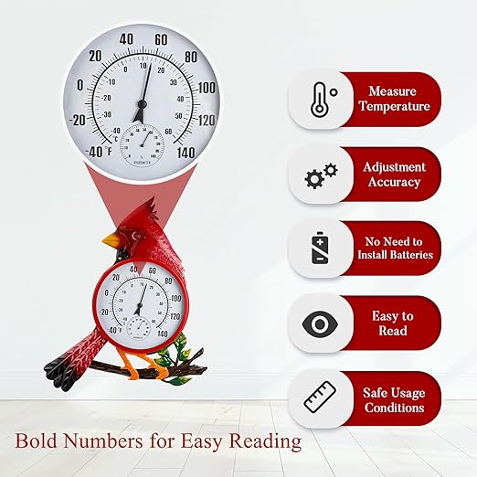 Large Outdoor Thermometer, Cardinal Wall Thermometer Hygrometer No Need Battery, Retro Sun Outside Thermometer Decoratibve for Backyard, Garden, Living Room