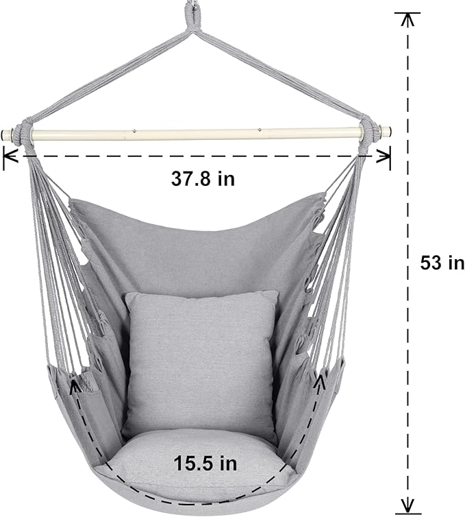 Y- STOP Hammock Chair Hanging Rope Swing Chair, Max 500 Lbs, 2 Seat Cushions Included, Removable Steel Spreader Bar with Anti-Slip Rings, Hardware kit-for Indoor or Outdoor(Light Grey)