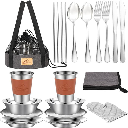 Camping Mess Kit - 1 to 2 persons Camping Dishes includes Cups, Bowls, Knives, Forks, Spoons, Camping Dinnerware Set Camping Cooking Utensils Accessories Plates Dinnerware Set