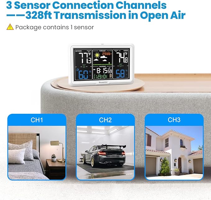 Newentor Weather Station Wireless Indoor Outdoor, 7.5in Display Atomic Clock, Inside Outside Thermometer and Hygrometer with Weather Alert, Barometer and Weather Forecast, Time and Calendar, White