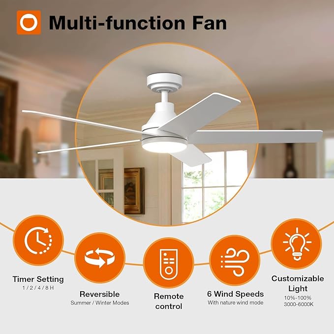 addlon Ceiling Fans with Lights, 52 inch Ceiling fan with Light and Remote Control, Reversible, 3CCT, Dimmable, Noiseless, White Ceiling Fan for Bedroom, Indoor/Outdoor Use