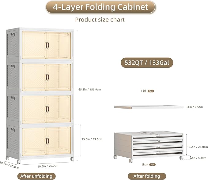 532 QT / 133 Gal Collapsible Storage Bins with Wheels & Magnetic Doors - Stackable Plastic Cabinet Organizer for Home, Garage, Closet (White Space-Saving Containers)