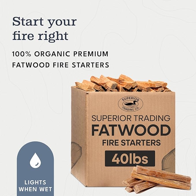 Superior Trading Premium Fatwood Firewood Sticks, Natural Kindling for Fireplaces, Wood Stoves, and Winter Camping Fire Starter, 40 lbs