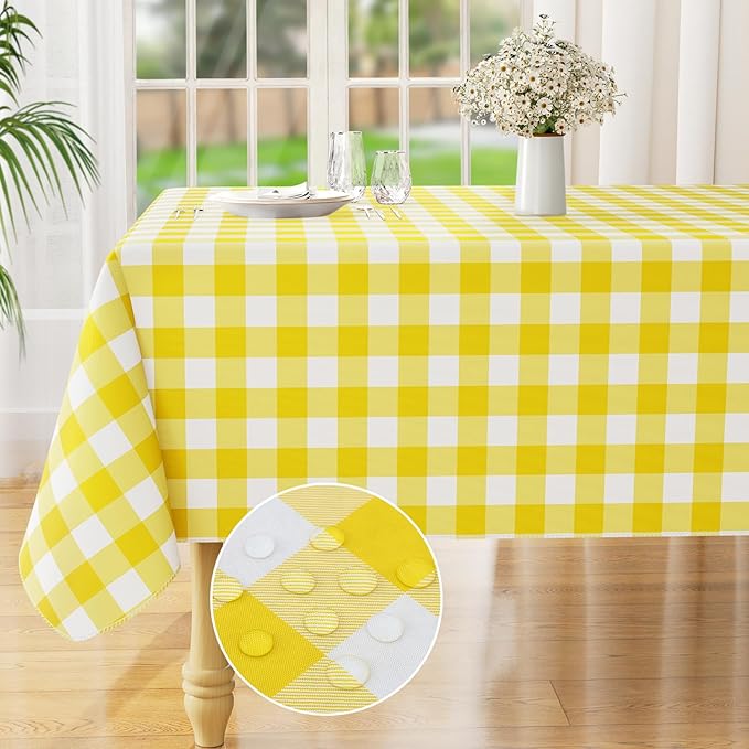 misaya Rectangle Waterproof Vinyl Table Cloth, Buffalo Flannel Backed Tablecloth, Wipeable Plastic Table Cover for Dinner, Kitchen, Outdoor (52" x 70", Yellow and White)