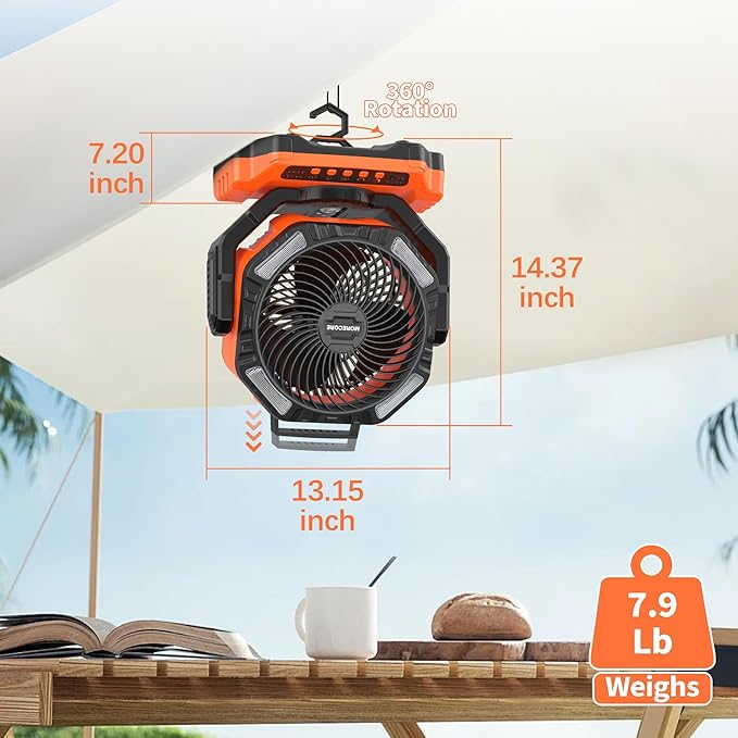 MORECORE 40000mAh Battery Operated Camping Fan with Light, 120HRS Running, Powerful 4 Speeds & Auto Oscillating, with Timer & Hook, for Travel Tent RV Emergency Hurricane Jobsite Garage-Orange