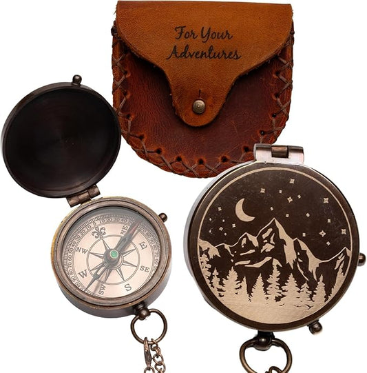 Engraved Compass Gift for Men – Vintage Brass Pocket Compass for Hiking, Adventure, and Travel – Antique Finish with Leather Case – Moon & Stars, or Road Design – Gift for Dad, Husband, or Son