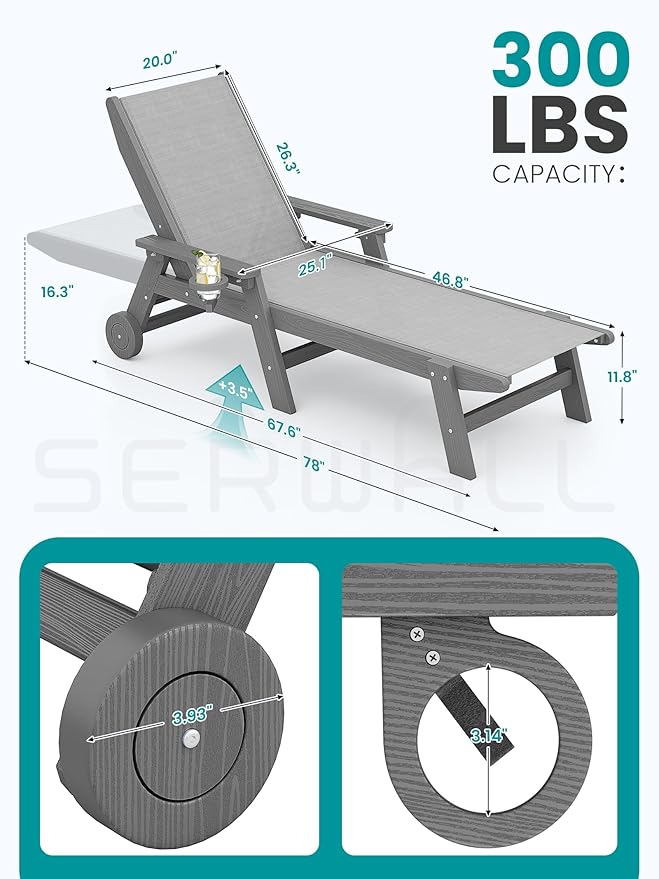 SERWALL Patio Chaise with 5 Positions - Textilene Outdoor Lounge Chair, Rolling Wheels - Poolside, Deck, Grey