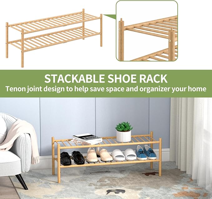 2-Tier Bamboo Long Shoe Rack, Free Standing Wood Shoe Shelf Storage Organizer for Closet Entryway Stackable 35"x11"x13" (Natural)