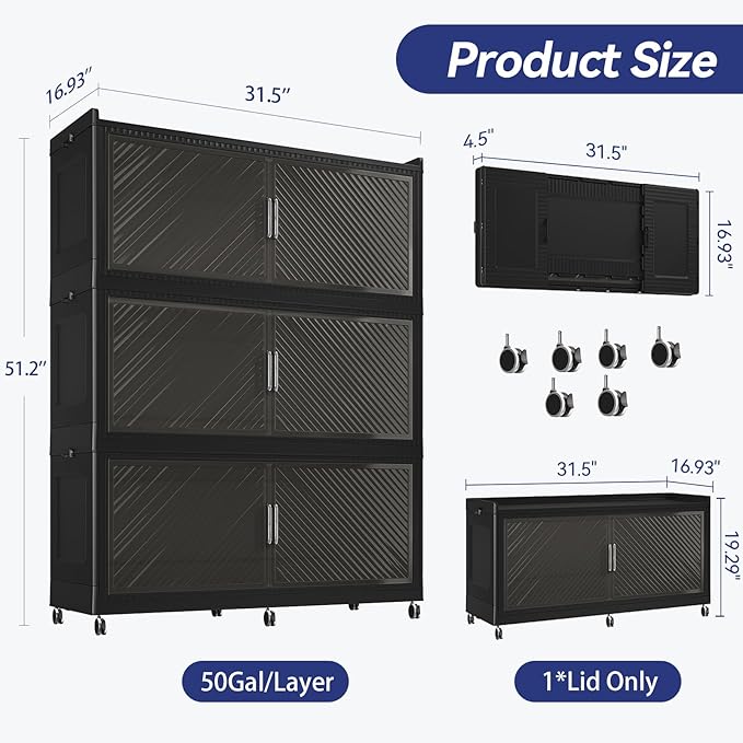 150GAL Extra Large Stackable Storage Bins with Lid, 600QT Plastic Closet Organizer and Storage Cabinet with Wheels and Doors, Folding Storage Box Container for Home Organization, 3Pack Black