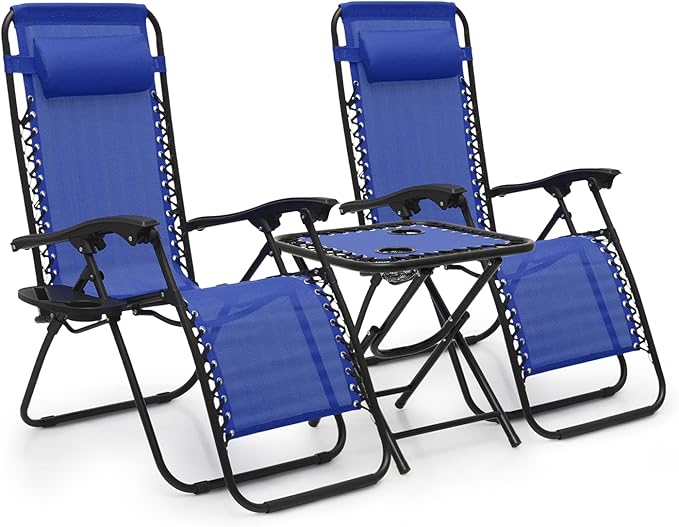 MoNiBloom 3 Pack Lounge Beach Chairs for Outside, Zero Gravity Camping Chairs with Side Table, Pillow and Tray, 330lbs Capacity, Blue