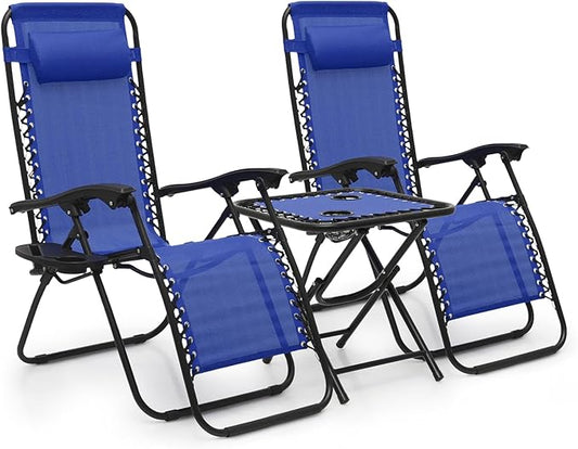 MoNiBloom 3 Pack Lounge Beach Chairs for Outside, Zero Gravity Camping Chairs with Side Table, Pillow and Tray, 330lbs Capacity, Blue