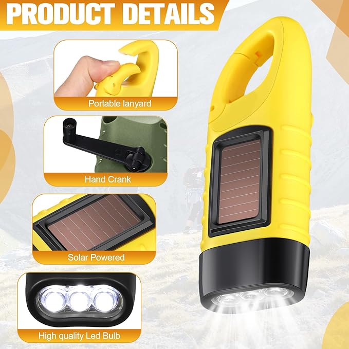 Leelosp 9 Pieces Hand Crank Flashlight Solar Powered Flashlight for Emergencies Dynamo Rechargeable LED Survival Light for Outdoor Sports Hiking Camping(Green,Yellow)