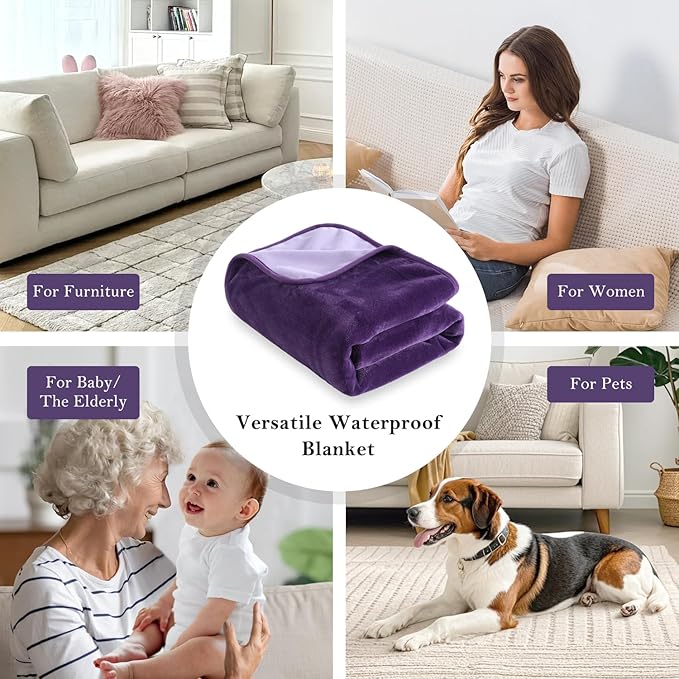 SOCHOW Waterproof Blanket for Bed Sofa Couch, Water Resistant Blanket Washable 60"x80", Reversible Leakproof Bed Cover for Adults Elderly Pets, Deep Purple & Light Purple