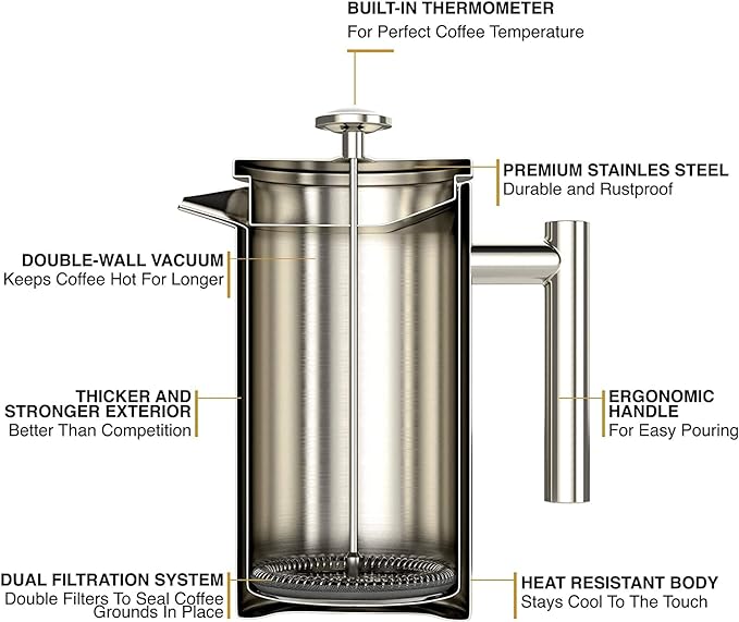 Barista Warrior French Press with Thermometer - Insulated Coffee Press - Stainless Steel Coffee Maker (1.0L, 34 fl oz, Silver)
