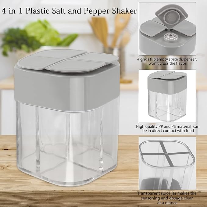 4 Pack 4 in 1 Plastic Salt and Pepper Shaker, 4 Grids Flip Empty Spice Dispensers Travel Spice Container Compartment Seasoning Shakers with Lid Travel Spice Jars with Labels for Cooking BBQ