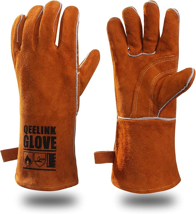 QeeLink Welding Gloves - Heat Resistant Leather and Fireproof Stitching for Fireplace Fire Pit Wood Stove BBQ Gardening Gear