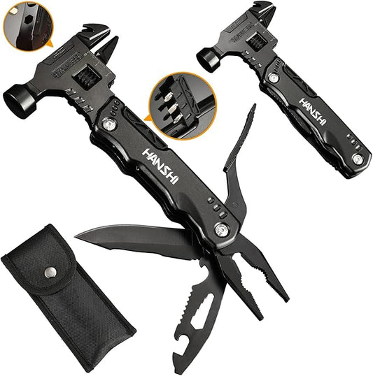 HANSHI Adjustable Wrench Multitool Hammer for Survival,16 in 1 Multitools Pliers with Nylon Sheath,Pocket Knife Multi Screwdriver Tool All in One Camping Accessories for Stocking Stuffers for Men