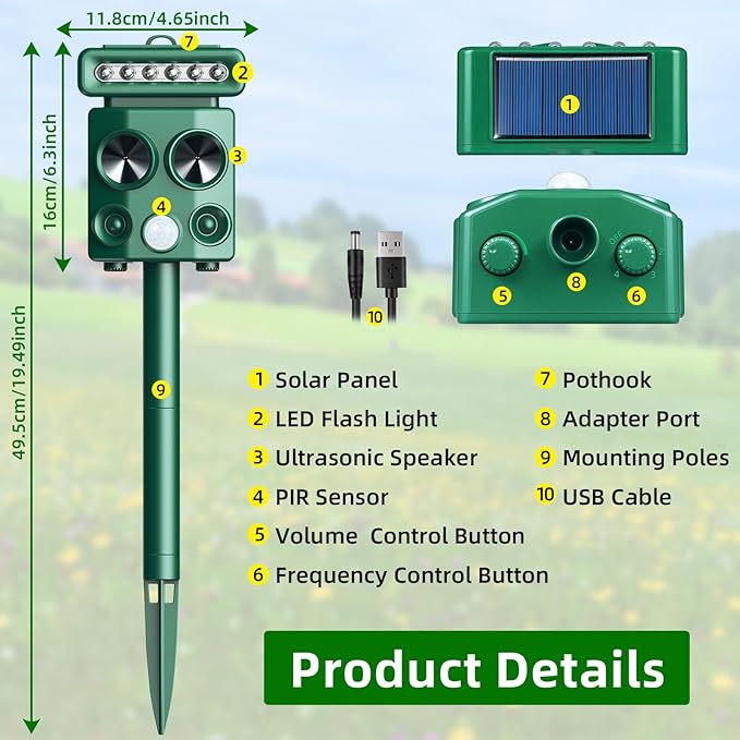 Solar Ultrasonic Animal Repeller with Motion Detection&LED Strobe Light, 2Pcs Deer Deterrent Devices Outdoor to Repel Dog Squirrel Rabbit Raccoon Repellent for Farm
