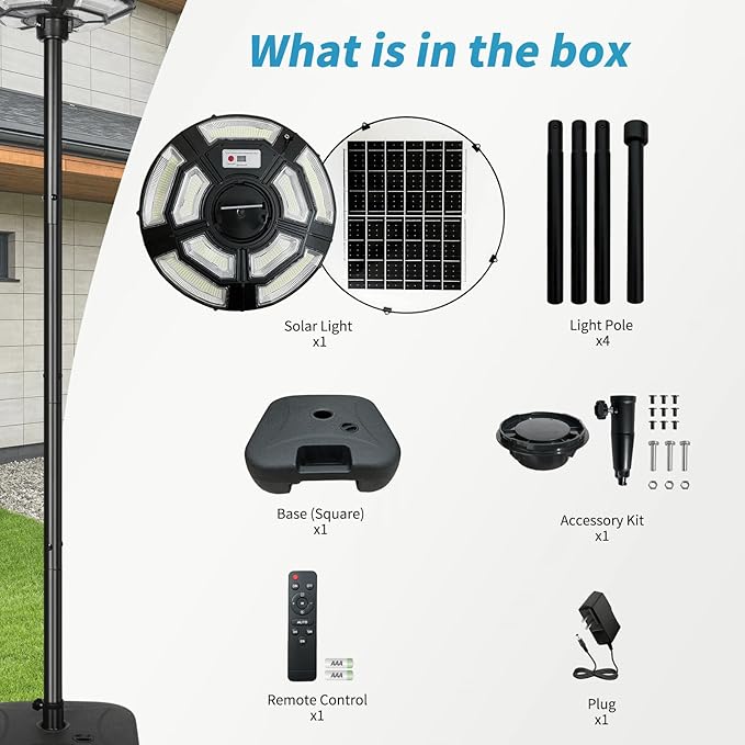 Solar Outdoor Street Light with Pole and Remote, Waterproof Motion Sensor 750-LED Removable Post Light with DC Port for Yard, Patio, Camping, Dusk to Dawn for Outdoor Lighting(Plug Inclues)