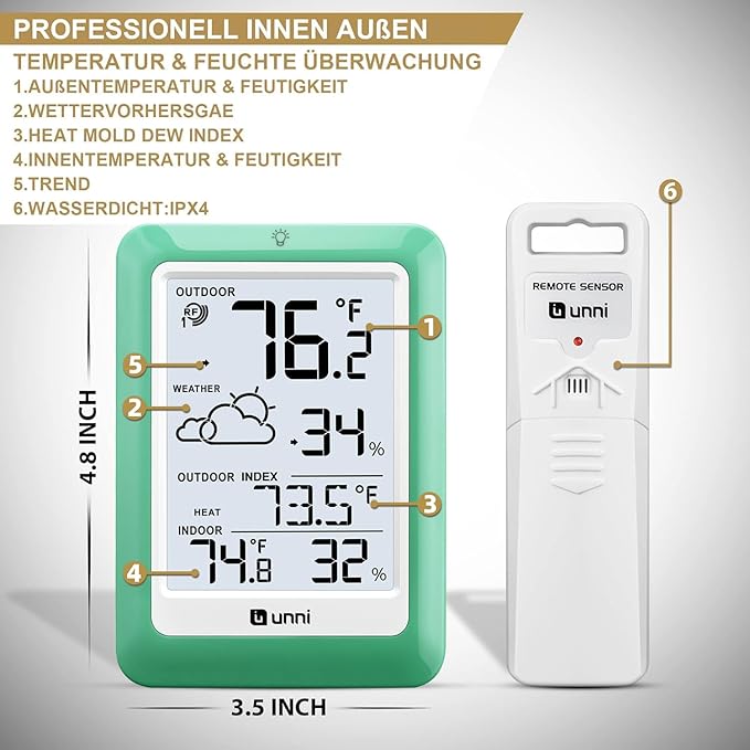 Indoor Outdoor Thermometer Wireless, Temperature Humidity Monitor Battery Powered Inside Outside Thermometers with 330ft Range Remote Sensor(Green)