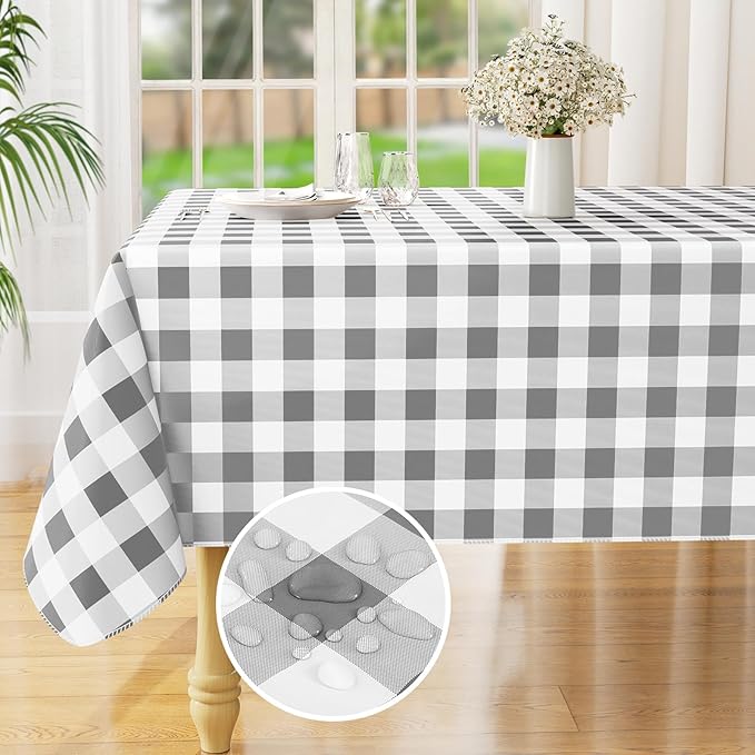 misaya Square Waterproof Vinyl Table Cloth, Buffalo Flannel Backed Tablecloth, Wipeable Plastic Table Cover for Dinner, Kitchen, Outdoor (54" x 54", Grey and White)