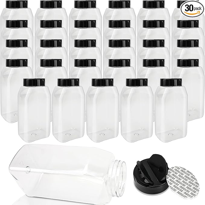 30 Pack 16 oz Plastic Spice Jars with Cap Clear Empty Square Plastic Bottle Containers with Lids Large Empty Powder Storage Container for Storing Spice Seasoning Powders