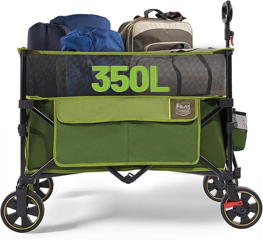 TIMBER RIDGE 350L Extra Large Collapsible Folding Wagon Carts with Brake, Heavy Duty Outdoor Camping Utility Wagons with Extended Height, Adjustable Handle, Cup Holders, Side Bag(Green)