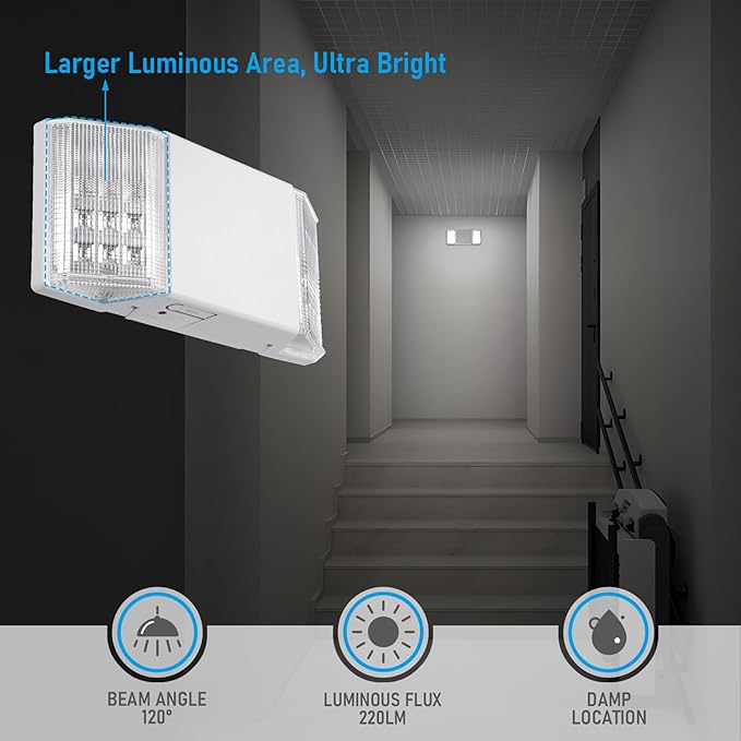 TORCHSTAR LED Emergency Lighting, Commercial Emergency Lights with Battery Backup, UL Listed, Two Square Heads, AC 120/277V, Hardwired Emergency Exit Light Fixtures for Business, Pack of 2