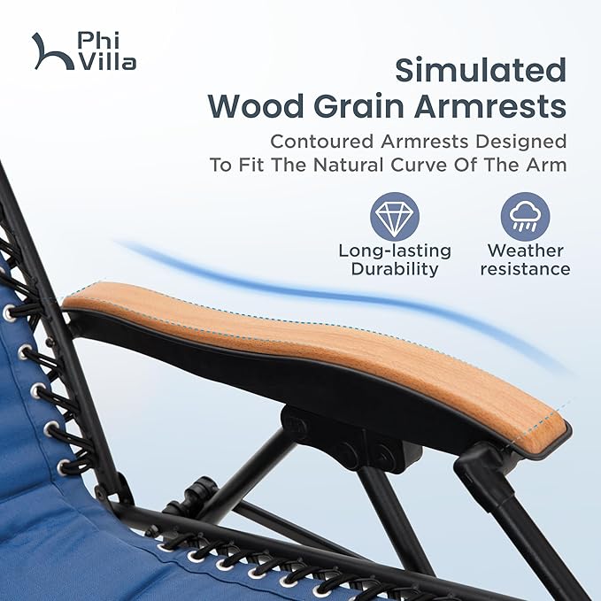 PHI VILLA XXL Oversized Padded Zero Gravity Chair, Foldable Patio Recliner, 30" Wide Seat Anti Gravity Lounger with Cup Holder, Support 400 LBS (Thumb Blue)