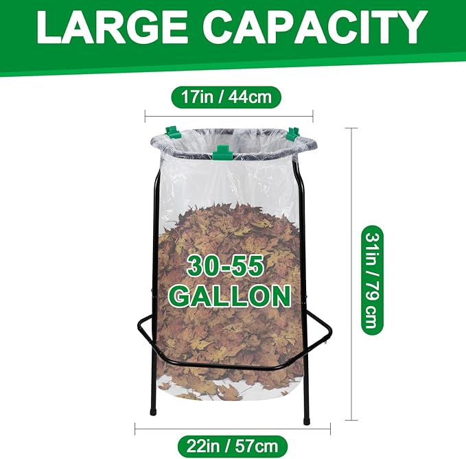 Aobiono Trash Leaf Bag Holder Stand, Garbage Bag Support Frame for 30-55 Gallon Lawn Bags, for Yard Kitchen Garden Outdoor Camping Waste, with Reusable Bag Clips, Heavy Duty (Black)