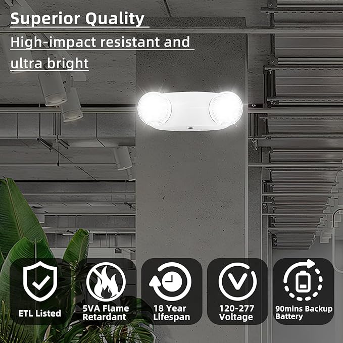 RMC LED Emergency Lights with Battery Backup, Two Head Adjustable Commercial Emergency Lighting, AC120-277V, Hardwired Emergency Exit Light Fixtures for Home and Business, ETL Listed, 10 Pack