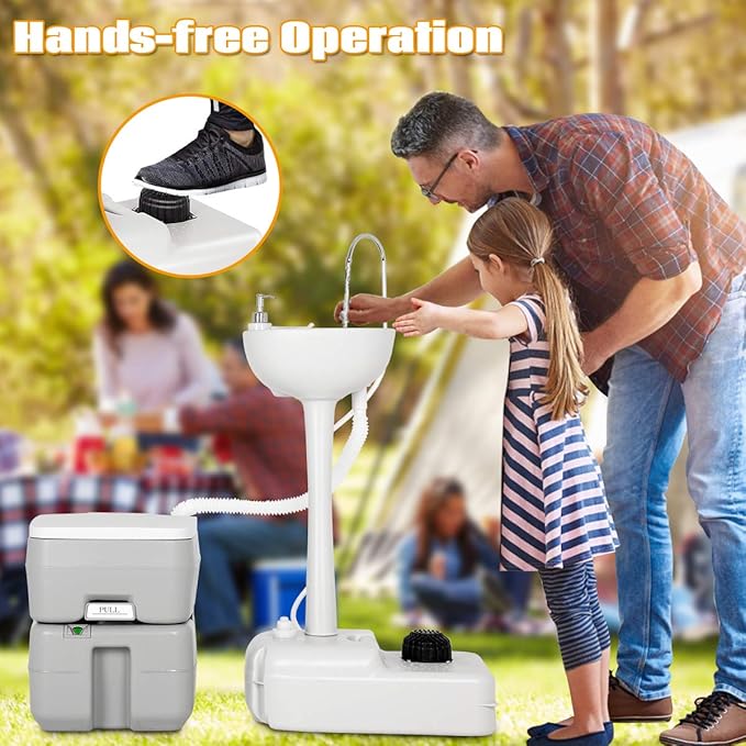 Giantex Outdoor Wash Sink and Potable Toilet Set 4.5 Gallon Sink & 5.3 Gallon Toilet, Flush Wastewater Recycled W/Tower Holder, Level Indicator, 3 Way Flush for Camping Portable Sink and RV Toilet