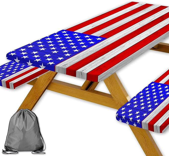 JAWO American Flag Picnic Table Cover with Bench Covers Vintage Camping RV Essentials Waterproof Windproof Fitted Outdoor Tablecloth with Elastic Rectangle Table Cloth Camping Accessories, 30x72in