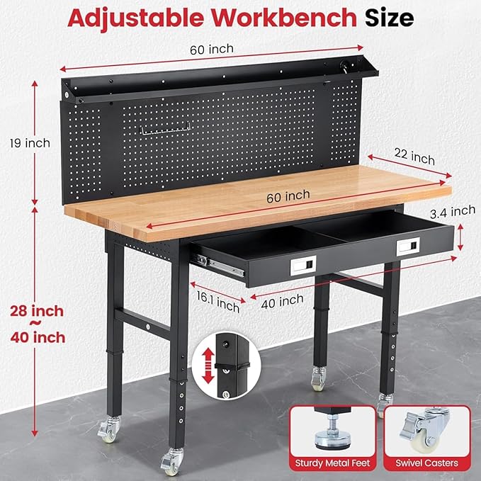 Workbench with Wheels 60 x 22 Inch Adjustable Height Work Table for Garage Heavy Duty Rubberwood Tabletop Work Bench with LED, Drawers, Pegboard, Power Outlets for Office Home Commercial