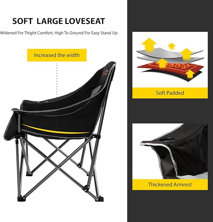 FAIR WIND Oversized Padded Camping Chair Heavy Duty Quad Fold Arm Chair Portable for Outdoor - Support 450LBS, Black