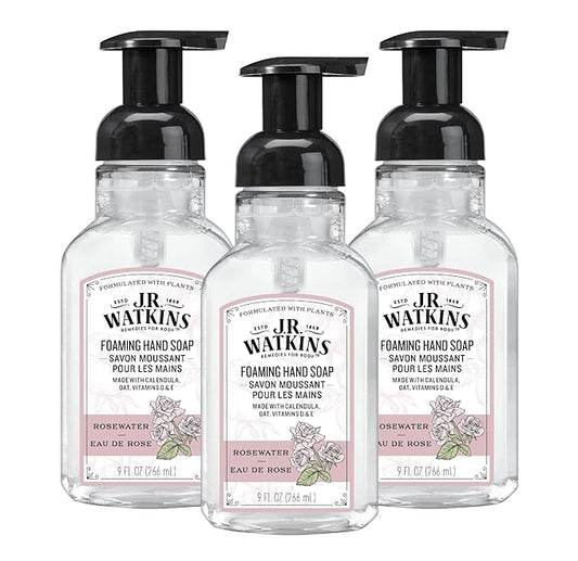 J.R. Watkins Foaming Hand Soap with Pump Dispenser, Moisturizing Foam Hand Wash, All Natural, Alcohol-Free, Cruelty-Free, USA Made, Rosewater, 9 fl oz, 3 Pack