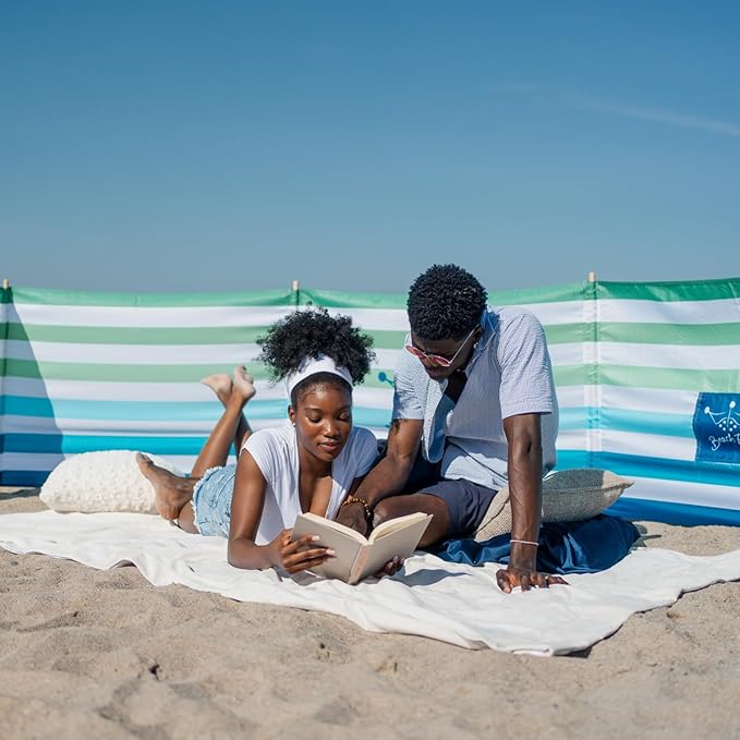 Premium 20 ft Beach Windscreen, Privacy Screen, Wind Blocker - Emerald Blue, Free Rubber Mallet and Carry Bag Included