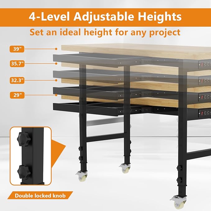 60" Work Bench with Wheels, Adjustable Height Workbench with Drawers, Heavy-Duty Work Table with Power Outlets, 2000 LBS Capacity Workstation for Garage, Workshop, Office, Home