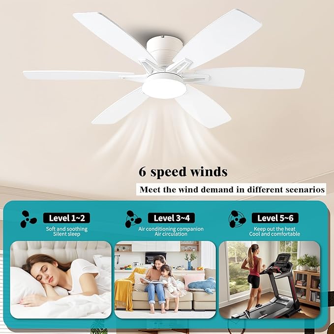 52inch White Ceiling Fans with Lights and Remote/App Control, Low Profile Ceiling Fan with Light and 6 Double-Side blades, Flush Mount, LED/RGB Dimmable DC Reversible Modern Ceiling Fan for