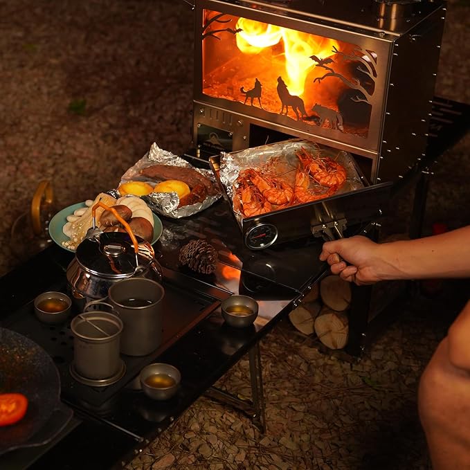 M8 Wood Burning Stove with Oven & Folding Camping Table, Stainless Steel Portable Hot Tent Stove, Including 6 Chimney Pipes, for Camping, Tents, Cooking and Travel Rose Gold