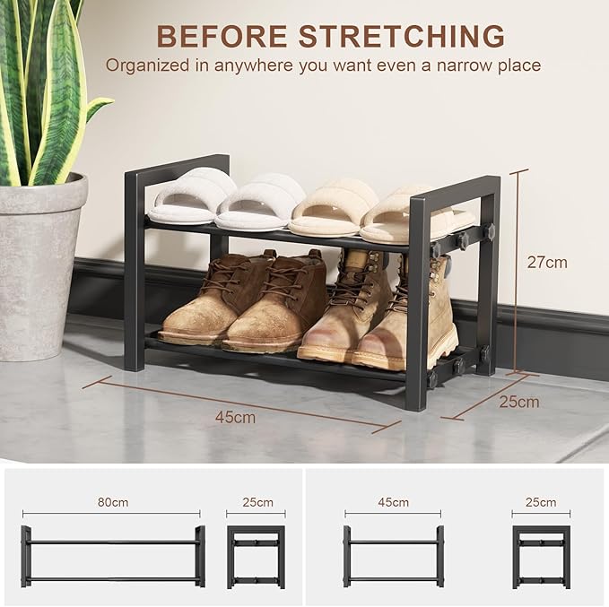 2-Tier Expandable Shoe Rack,Adjustable Shoe Shelf Storage Organizer Heavy Duty Metal Free Standing Shoe Rack for Entryway Closet Doorway (Black)