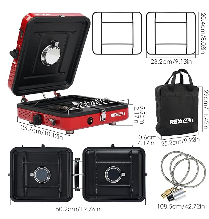 2 Burner Camping Stove with Carrying Bag, Foldable Propane Camp Stove with 17,200 BTU for Camping, Outdoor Cooking, Portable Gas Stove with Adjustable Burner for Tailgating, Backyard BBQ,Red