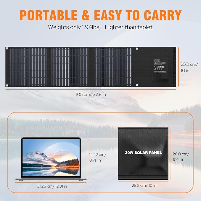 30W Portable Solar Panel with USB QC3.0/USB-C/18V DC(10 Connectors), Backpacking Solar Charger for Power Station, Phones, Laptop, Foldable Solar Panels for Camping Home Hiking