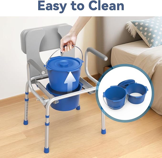 Drop Arm Bedside Commode, Commode with Padded Seat and Backrest, 500lbs Capacity, 5.81QT Removable Bucket, Adjustable Height Portable Toilet for Adults, Gray