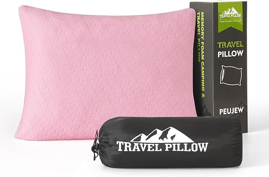 Small Shredded Memory Foam Pillow, Camping Pillow Travel Pillow - Compressible Medium Firm, Breathable Cover, Ideal Backpacking Hiking, Airplane and Car (Apricot Pink, S)