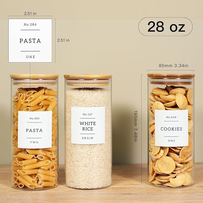 6 Pack Glass Jar with Airtight Bamboo Lid and White 132 Kichen Pantry Labels Preprinted - 28 Oz Clear Round Glass Food Storage Containers set For Tea Coffee Bean Cookie