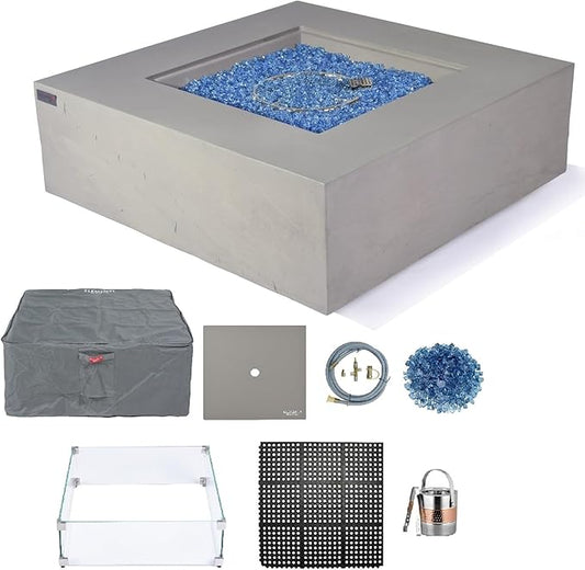 Elementi+ | Bundle Capertee Gas Fire Pit Cast Concrete 40" Square Fire Table, Outdoor Fire Pit Electronic Ignition | Canvas Cover, Fire Glass and Burner Lid Included | Light Gray | Natural Gas