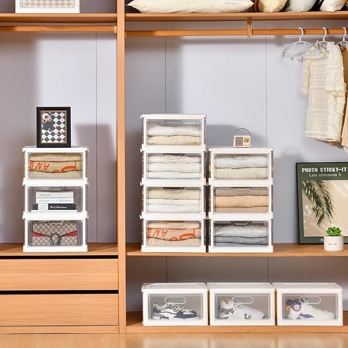 Stackable Plastic Storage Bins with Lids, Foldable Closet Organizers and Storage, 3 Drawer Storage Organizer，Clear Stackable Containers for Wardrobe,Bedroom,Office,Dorm